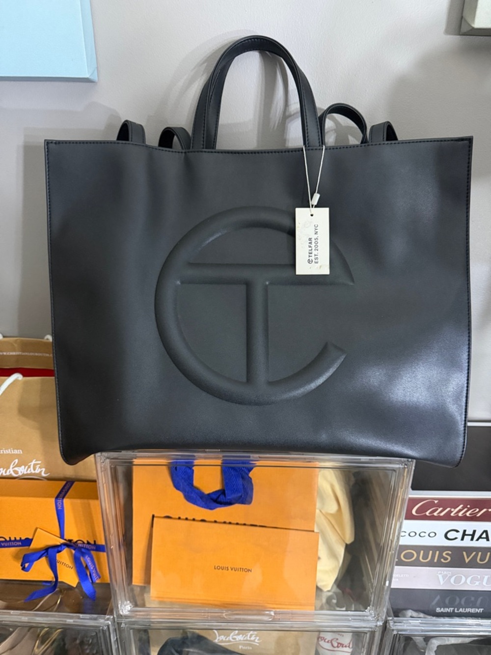 Telfar Black Large Shopping Tote with Embossed Logo